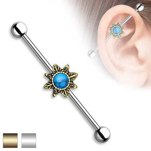 Turquoise Centered Tribal Sunburst 316L Surgical Steel Industrial Barbell