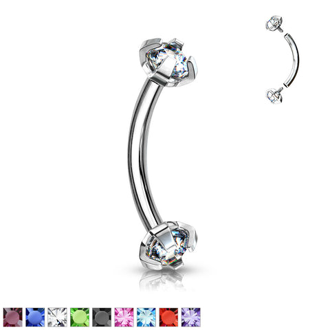 Plated Prong Set Clear CZ Internally Threaded 316L Surgical Steel Eyebrow Curve Ring