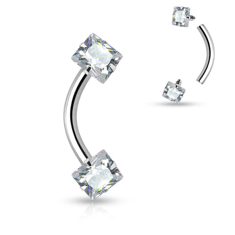 Square CZ Prong Set Ends Internally Threaded 316L Surgical Steel Eyebrow Curved Barbell