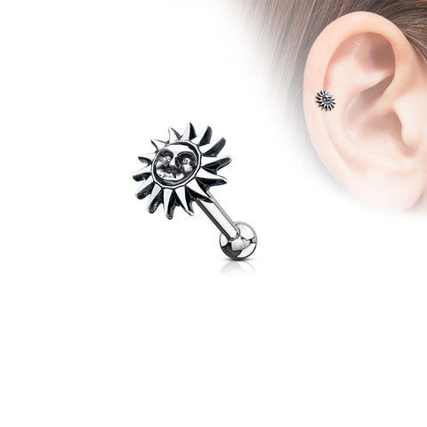 Tribal Sun Antique Silver Plated Top 316L Surgical Steel Ear Cartilage Barbell Studs