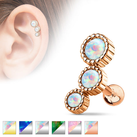 Triple Round Opal Set Cartilage/Tragus Barbell Studs 316L Surgical Steel