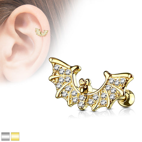 CZ Paved Bat Wings Top 316L Surgical Steel Ear Cartilage/Tragus Barbell Stud Ring