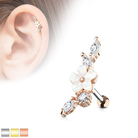 Mother of Pearl Flower Centered CZ Vine 316L Surgical Steel Cartilage, Tragus Barbell Studs