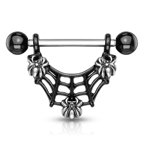 3 Spiders On Black IP Spider Web Dangle 316L Surgical Steel Nipple Rings