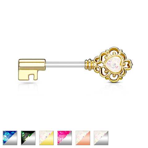 Opal Glitter Heart Centered Filigree Vintage Key 316L Surgical Steel Nipple Barbell Rings