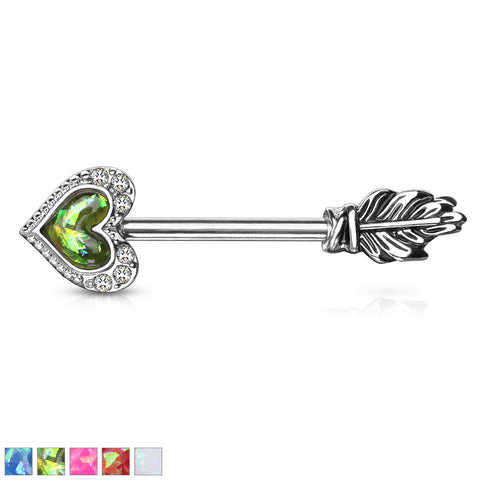 Opal Glitter Heart CZ Paved Outline Arrow with Feather End 316L Surgical Steel Nipple Barbell Ring