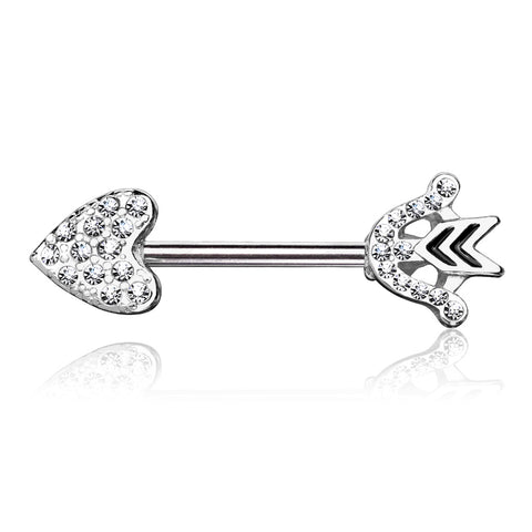 CZ Paved Heart Arrow And Bow End 316L Surgical Steel Nipple Barbell Ring