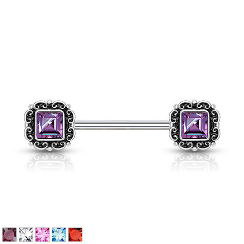 Square CZ Center Antique Silver Plated Square Filigree 316L Surgical Steel Barbell Nipple Rings