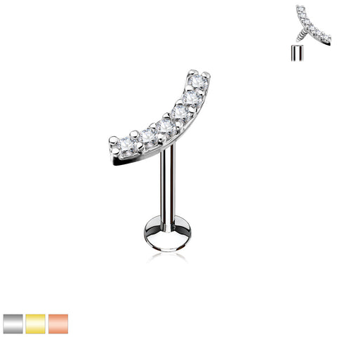 Lined CZ Curve Top 316L surgical Steel Internally threaded Labret,Monroe, Cartilage Studs