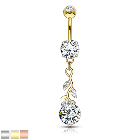 Gemmed Leafs with Large Round CZ Dangle 316L Surgical Steel Belly Button Navel Ring