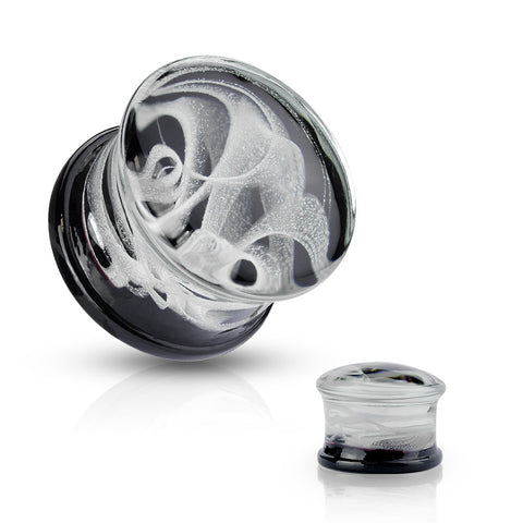 Pyrex Glass Double Flare Plugs Black back with White Swirling Smoke