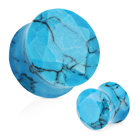 Blue Turquoise Semi Precious Stone Faceted Gem Cut Double Flared Plug