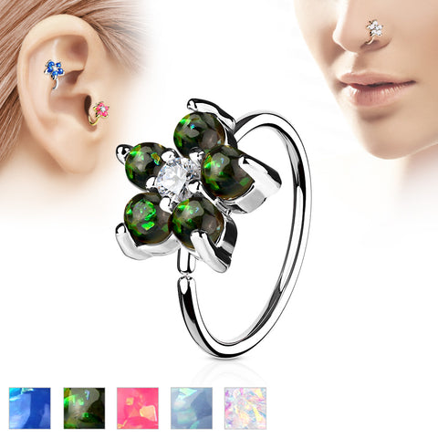 Opal Glitter Set Flower Petals CZ Center 316L Surgical Steel Hoop Ring for Nose & Ear Cartilage