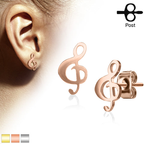 Pair of Hand Polished Music Clef 316L Stainless Steel Earring Studs