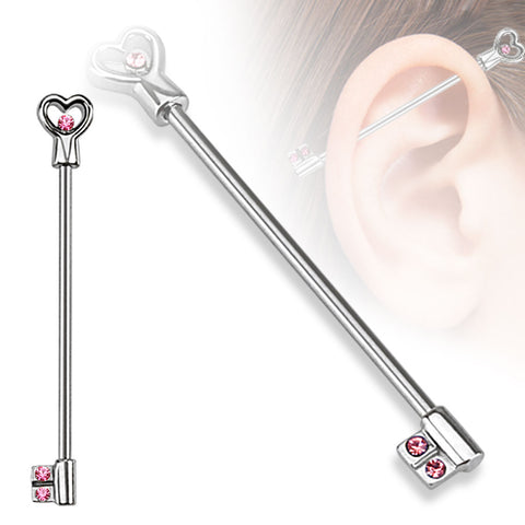 316L Surgical Steel Heart Key with CZs Industrial Barbell