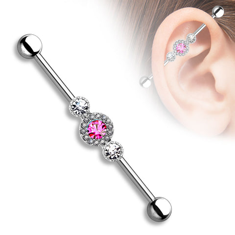 Three CZ Centered Multi Paved Circle 316L Surgical Steel Industrial Barbell