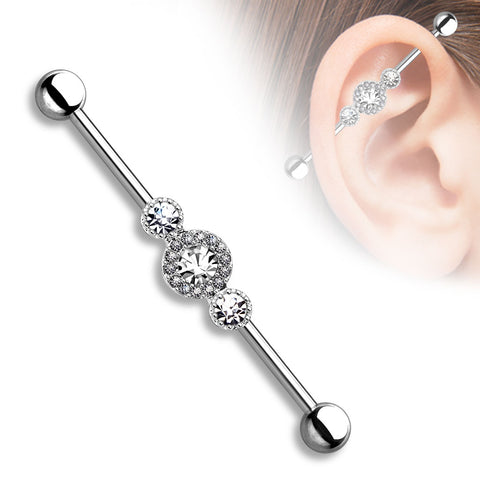 Three CZ Centered Multi Paved Circle 316L Surgical Steel Industrial Barbell