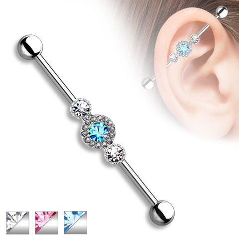 Three CZ Centered Multi Paved Circle 316L Surgical Steel Industrial Barbell