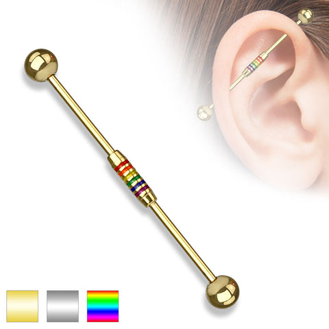 Rainbow Striped Center 316L Surgical Steel Industrial Barbell