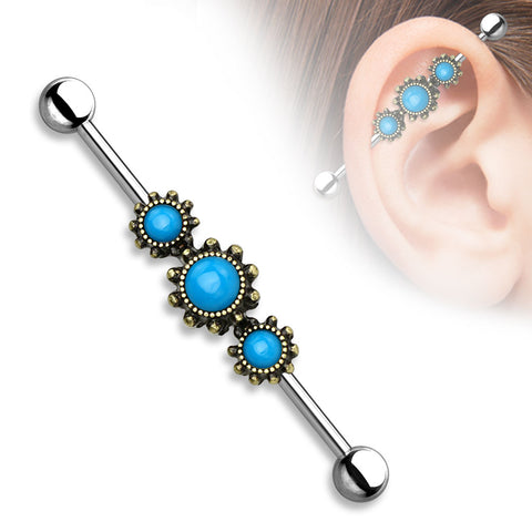 Triple Round Turquoise Center 316L Industrial barbell