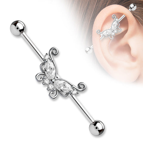 Marquise and Round CZ Butterfly 316L Surgical Steel Industrial Barbell