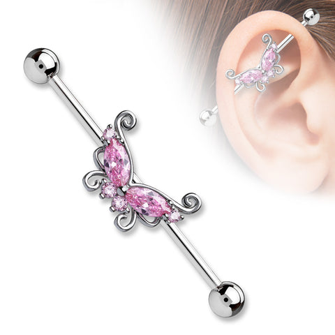 Marquise and Round CZ Butterfly 316L Surgical Steel Industrial Barbell