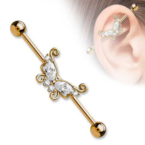 Marquise and Round CZ Butterfly 316L Surgical Steel Industrial Barbell