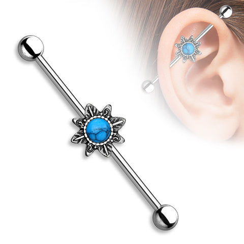Turquoise Centered Tribal Sunburst 316L Surgical Steel Industrial Barbell
