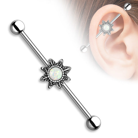 Opal Glitter Centered Tribal Sunburst 316L Surgical Steel Industrial Barbell