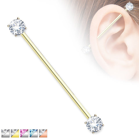 Round CZ Prong Set Ends 316L Surgical Steel Industrial Barbell