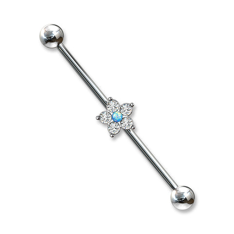 5 CZ Flower with Opal Glitter Center 316L Surgical Steel Industrial Barbell