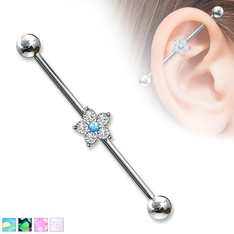 5 CZ Flower with Opal Glitter Center 316L Surgical Steel Industrial Barbell