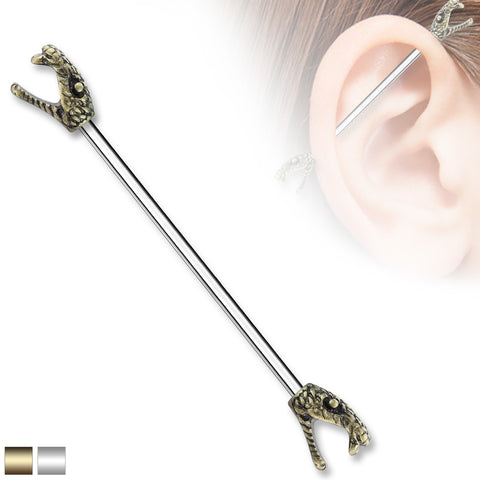Hissing Snake Heads on Both Sides 316L Surgical Steel Industrial Barbell