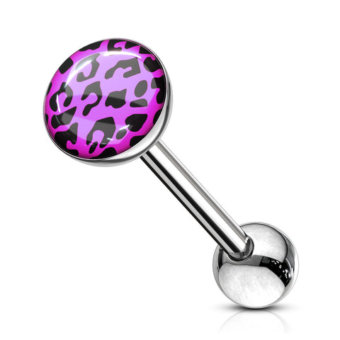 Leopard Skin Clear Epoxy Coated Logo Ball Top Barbell 316L Surgical Steel