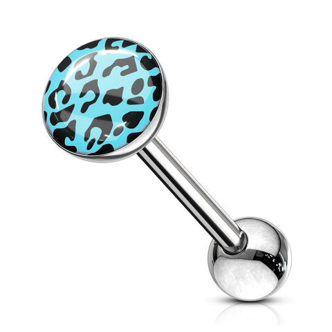 Leopard Skin Clear Epoxy Coated Logo Ball Top Barbell 316L Surgical Steel