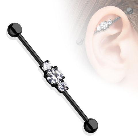 Three Clear CZs IP Over 316L Surgical Steel Industrial Barbell