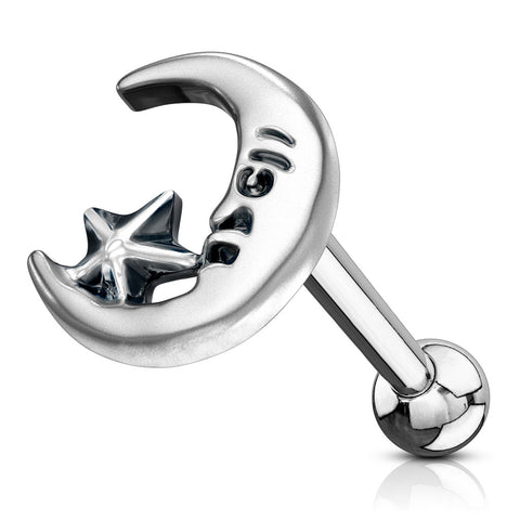 Moon and Star Antique Silver Plated Top 316L Surgical Steel Ear Cartilage Barbell Studs