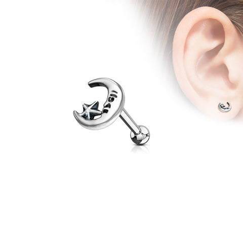 Moon and Star Antique Silver Plated Top 316L Surgical Steel Ear Cartilage Barbell Studs