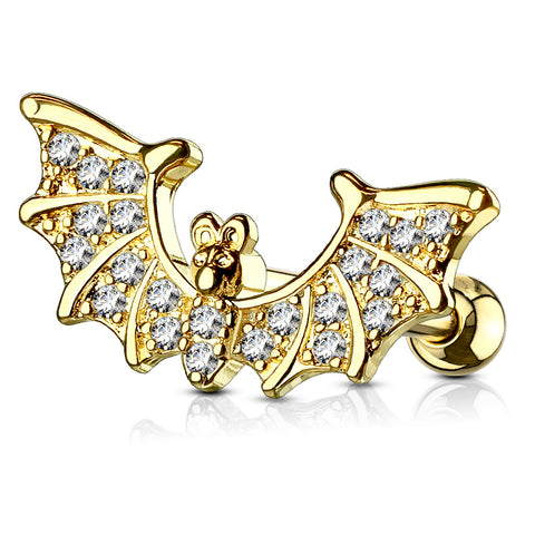 CZ Paved Bat Wings Top 316L Surgical Steel Ear Cartilage/Tragus Barbell Stud Ring