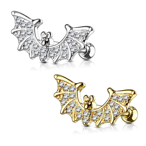 CZ Paved Bat Wings Top 316L Surgical Steel Ear Cartilage/Tragus Barbell Stud Ring