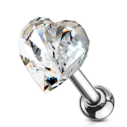 Heart Crystal Top 316L Surgical Steel Cartilage, Tragus Barbell Studs
