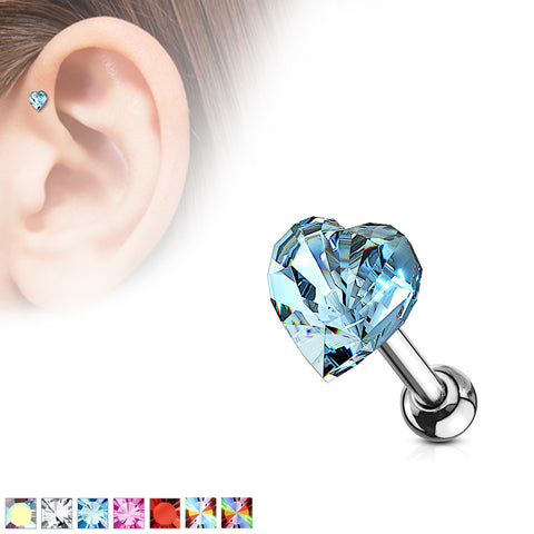 Heart Crystal Top 316L Surgical Steel Cartilage, Tragus Barbell Studs