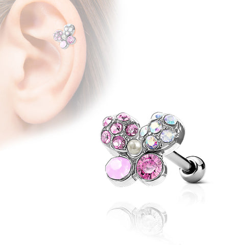 Crystals Paved Butterfly Top 316L Surgical Steel Ear Cartilage Barbell Stud