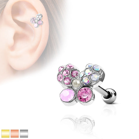 Crystals Paved Butterfly Top 316L Surgical Steel Ear Cartilage Barbell Stud