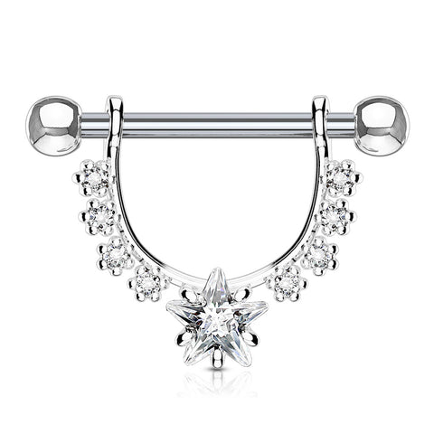 Star CZ Center with Lined Prong Set CZs Dangle 316L Surgical Steel Nipple Ring