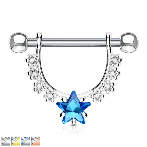Star CZ Center with Lined Prong Set CZs Dangle 316L Surgical Steel Nipple Ring