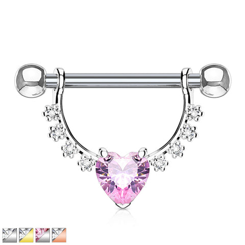 Heart CZ Center with Lined Prong Set CZs Dangle 316L Surgical Steel Nipple Ring