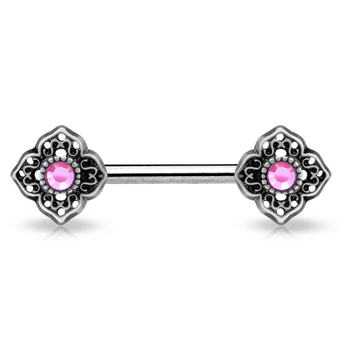 Crystal Centered Tribal Flower Ends 316L Surgical Steel Nipple Barbell
