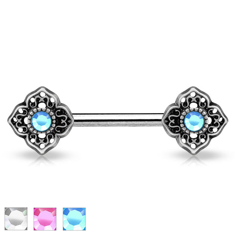 Crystal Centered Tribal Flower Ends 316L Surgical Steel Nipple Barbell