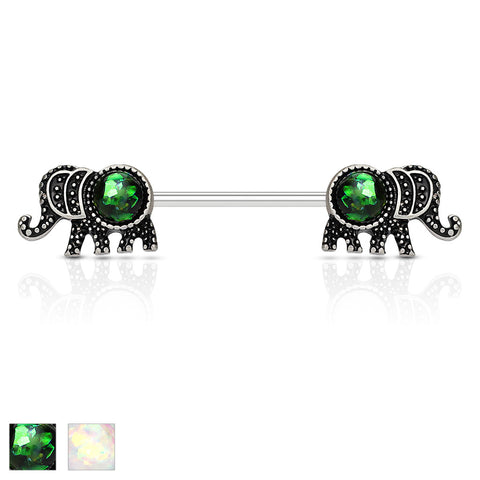 Elephant with Opal Glitter Set 316L Surgical Steel Nipple Barbell